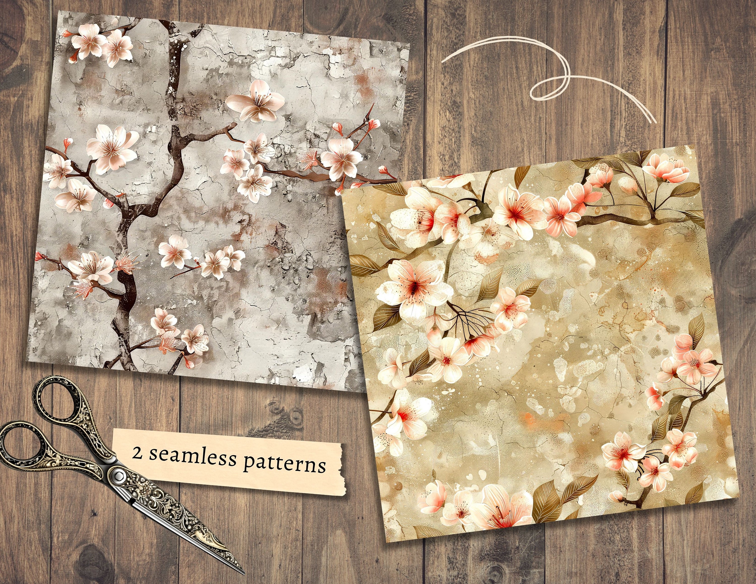 Japan Junk Journal Kit, Digital Scrapbook Paper, Cherry