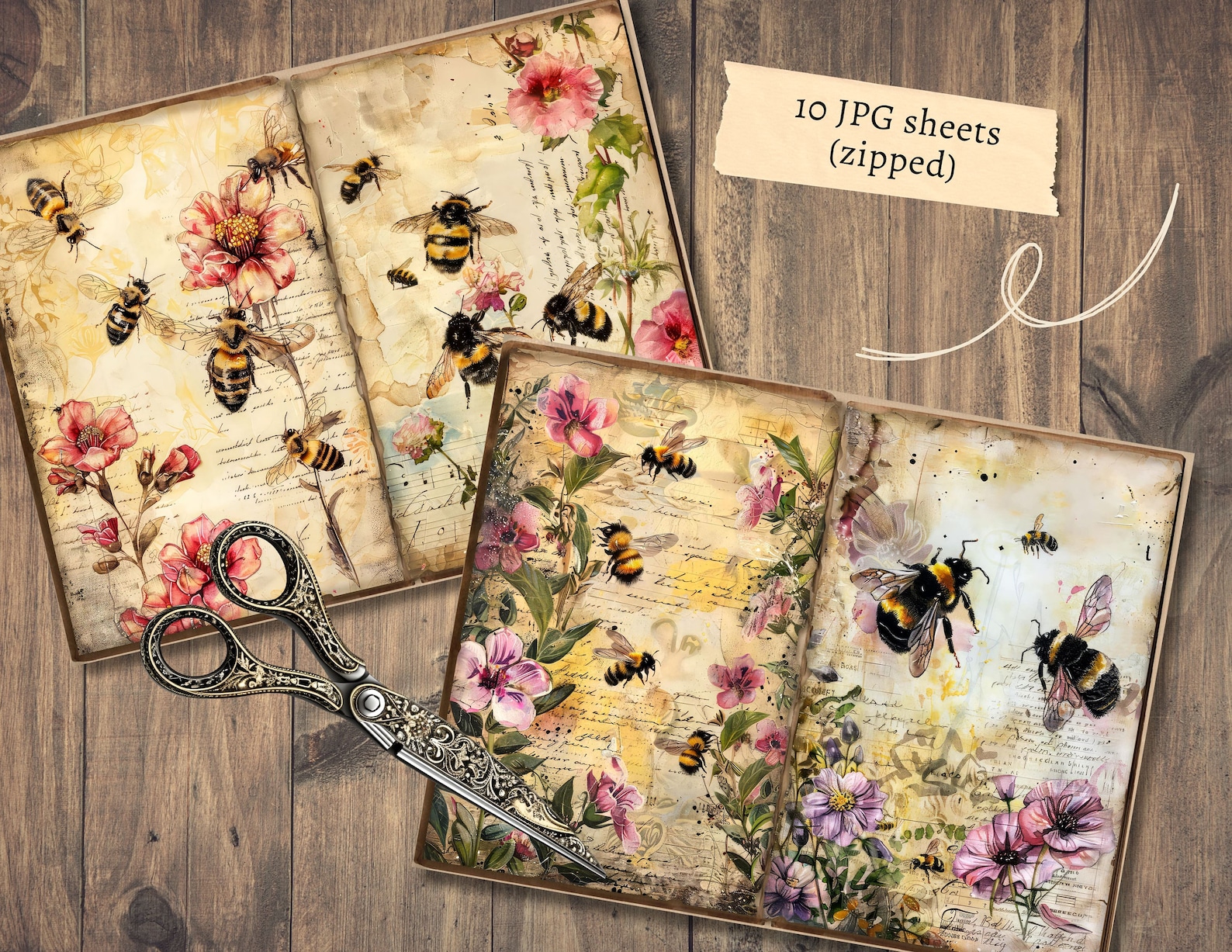 Floral Bees Junk Journal Pages, Digital Scrapbook Paper, Honey Bee ...