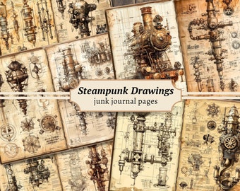 Steampunk Drawings Junk Journal Pages, Digital Industrial Paper, Victorian Printable, Collage Sheet, Mechanical Scrapbook, Vintage Ephemera