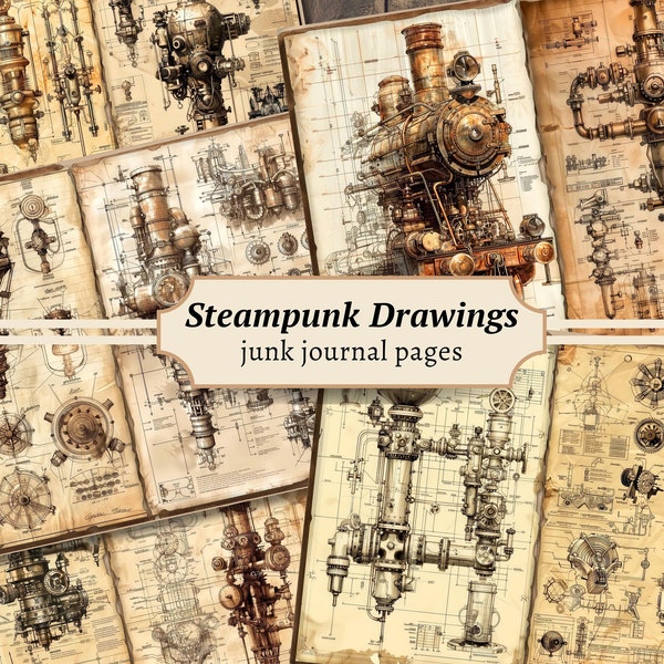 Steampunk Zeichnungen Junk Journal Seiten, digitales Industriepapier, viktorianisches Printable, Collage Sheet, mechanisches Sammelalbum, Vintage Ephemera