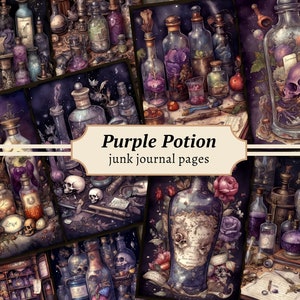 Purple Potion Junk Journal Seiten, Digitales Scrapbook Papier Kit, Witchy Collage Sheet, Alchemie Printable, Vintage Ephemera, Zauberbuch