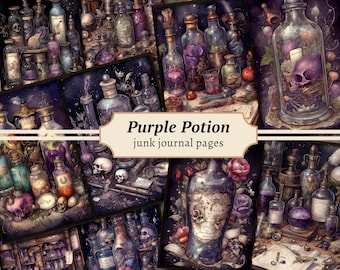 Purple Potion Junk Journal Pages, Digital Scrapbook Paper Kit, Witchy Collage Sheet, Alchemy Printable, Vintage Ephemera, Magic Spell Book