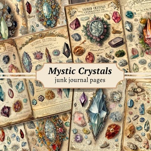 Mystic Crystals ongewenste dagboekpagina's, digitale plakboekkit, afdrukbare magische stenen, vintage diamantcollageblad, Witchy BOS-download