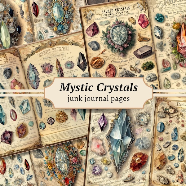 Mystic Crystals Junk Journal Pages, Digital Scrapbook Paper Kit, Magic Stones Printable, Vintage Diamond Collage Sheet, Witchy BOS Download