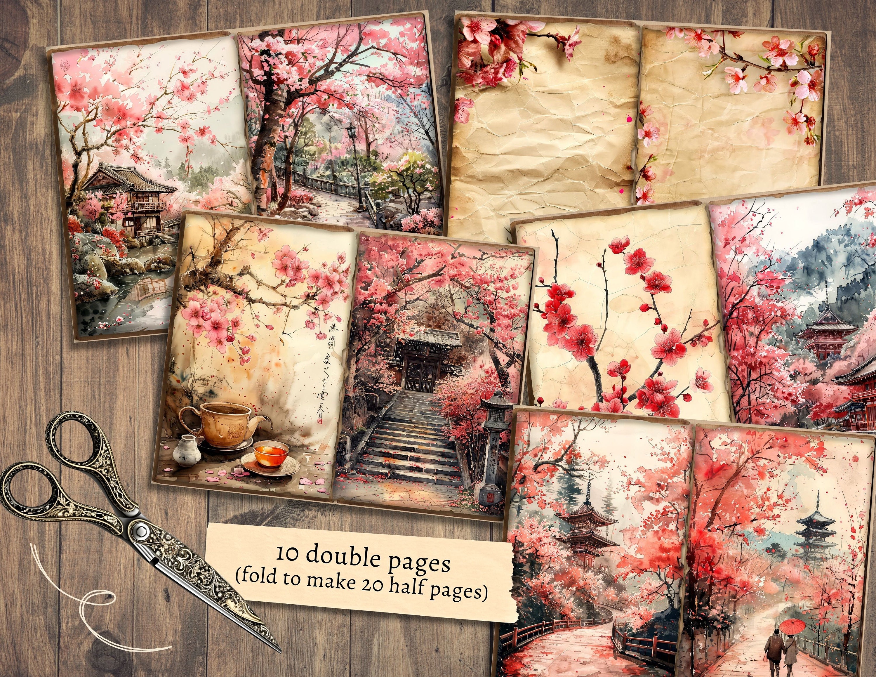 Japan Junk Journal Kit, Digital Scrapbook Paper, Cherry