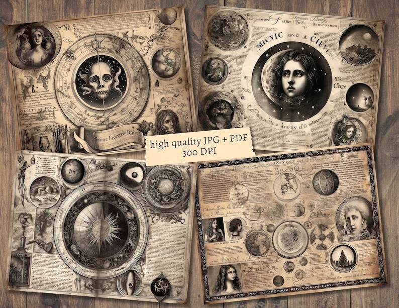 Puede incluir: Cuatro ilustraciones de estilo vintage de cuerpos celestes, incluyendo la luna, las estrellas y los planetas. Las ilustraciones son en blanco y negro y tienen un aspecto desgastado y antiguo. El texto en las im&aacute;genes incluye las palabras "Micvic" y "Ciepes".