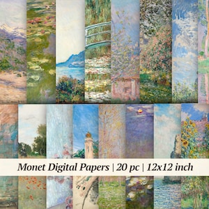 Claude Monet Digital Paper, Printable Paintings, Digital Collage Sheet, Scrapbook Backgrounds, Instant Download, 20 Art Prints, 12x12 inch