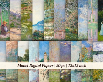 Claude Monet Digital Paper, Printable Paintings, Digital Collage Sheet, Scrapbook Backgrounds, Instant Download, 20 Art Prints, 12x12 inch