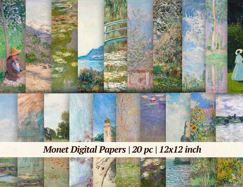 May include: A set of 20 digital papers featuring Monet-inspired paintings. The papers are 12x12 inches and feature a variety of landscapes, including water lilies, bridges, and trees. The papers are perfect for scrapbooking, card making, and other craft projects.