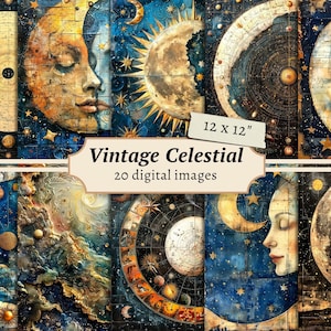 Papiers numériques célestes, page de carnet de voyage galaxie, kit de scrapbooking étoiles, impression mixte zodiaque, fabrication de cartes lune, éphémères vintage