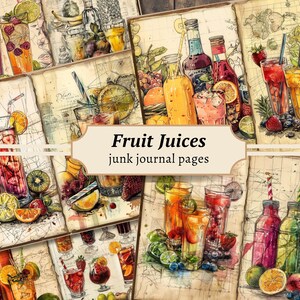 Páginas de diario basura de jugos de frutas, kit de papel para álbum de recortes digital, imprimible de verano, hoja de collage de batidos, material efímero vintage, descarga de libros antiguos