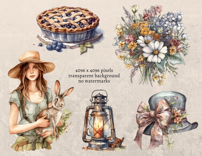 Może przedstawiać: Zestaw akwarelowych ilustracji przedstawiający kobietę trzymającą kr&oacute;lika, ciasto z jagodami, bukiet kwiat&oacute;w, latarnię i kapelusz z kokardą. Ilustracje są w stylu vintage i mają rustykalny charakter.