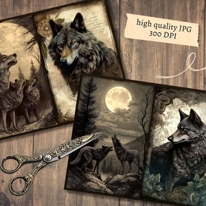 K&ouml;nnte beinhalten: Drei digitale Collage-Bilder mit W&ouml;lfen, die zum Mond heulen. Das erste Bild zeigt drei W&ouml;lfe, die zu einem Vollmond in einem dunklen Wald heulen. Das zweite Bild zeigt einen einzelnen Wolf, der zu einem Vollmond in einem dunklen Wald heult. Das dritte Bild zeigt einen einzelnen Wolf, der zu einem Vollmond in einem dunklen Wald mit einem dekorativen Rahmen heult.
