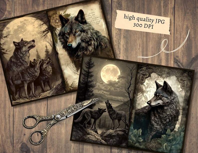 K&ouml;nnte beinhalten: Drei digitale Collage-Bilder mit W&ouml;lfen, die zum Mond heulen. Das erste Bild zeigt drei W&ouml;lfe, die zu einem Vollmond in einem dunklen Wald heulen. Das zweite Bild zeigt einen einzelnen Wolf, der zu einem Vollmond in einem dunklen Wald heult. Das dritte Bild zeigt einen einzelnen Wolf, der zu einem Vollmond in einem dunklen Wald mit einem dekorativen Rahmen heult.