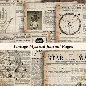 Páginas de diario vintage místico / papel de diario basura celestial digital, efímeras espeluznantes imprimibles, hoja de collage de academia oscura, BOS oculto