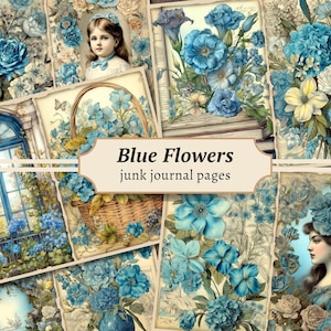 Blauwe bloem ongewenste dagboekpagina's, digitale plakboekkit, afdrukbaar collageblad, vintage ephemera, download bloemen, shabby chic rozen