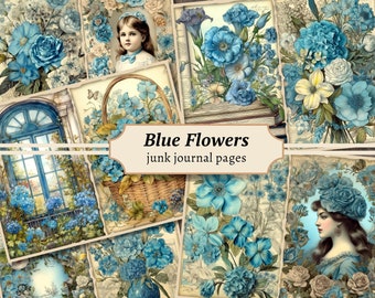 Blue Flower Junk Journal Pages, Digital Scrapbook Paper Kit, Printable Collage Sheet, Vintage Ephemera, Floral Download, Shabby Chic Roses