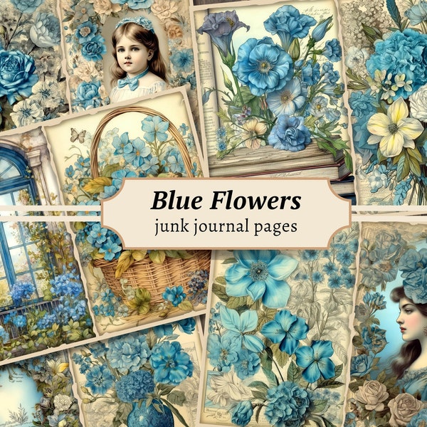 Blue Flower Junk Journal Pages, Digital Scrapbook Paper Kit, Printable Collage Sheet, Vintage Ephemera, Floral Download, Shabby Chic Roses