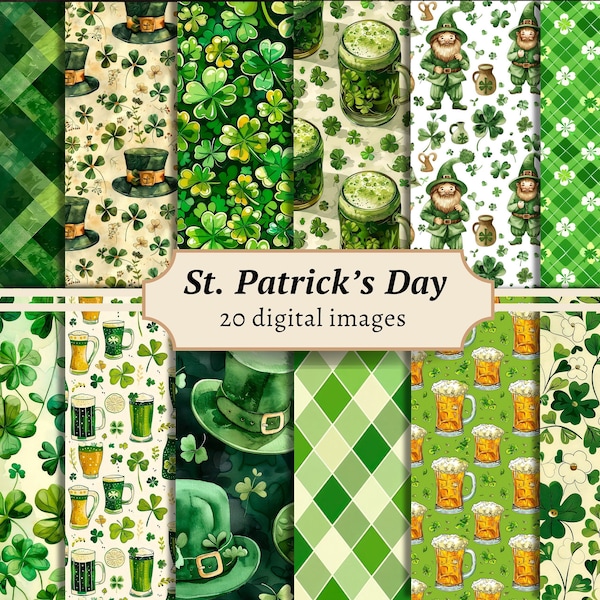 St. Patrick's Day Digital Papers, Four Leaf Clover Junk Journal Pages, Scrapbook Background Kit, Irish Shamrock Printable, ATC Card Ephemera