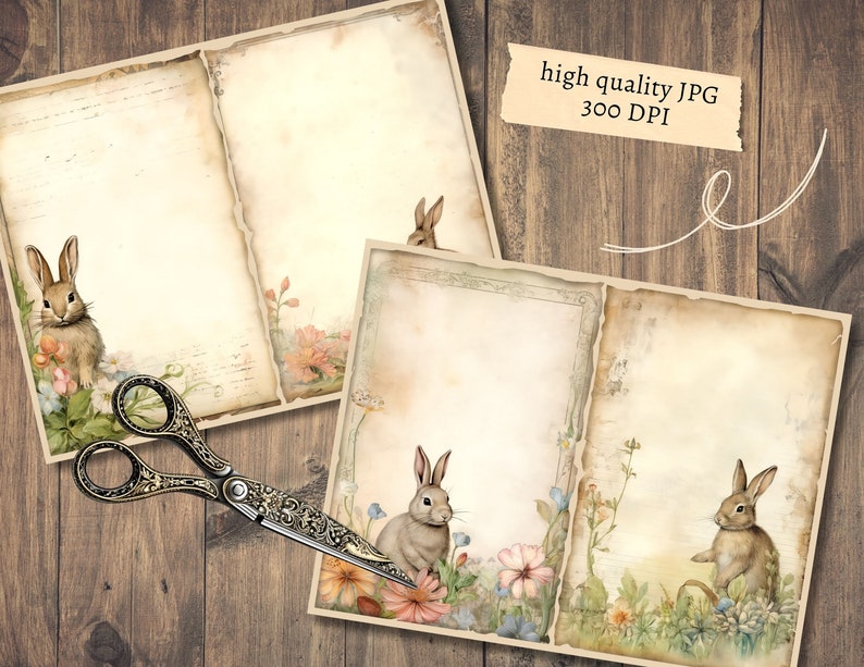 Może przedstawiać: Dwie strony papieru w stylu vintage o postarzanym wyglądzie. Każda strona zawiera kr&oacute;lika i ilustracje kwiatowe. Strony idealnie nadają się do scrapbookingu, prowadzenia dziennika lub prac ręcznych.