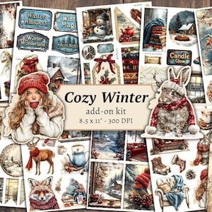 Gezellige winter add-on junk journal kit, digitaal plakboek, sneeuw afdrukbaar, Winter Wonderland-pagina's, collageblad, vintage efemere kaarten