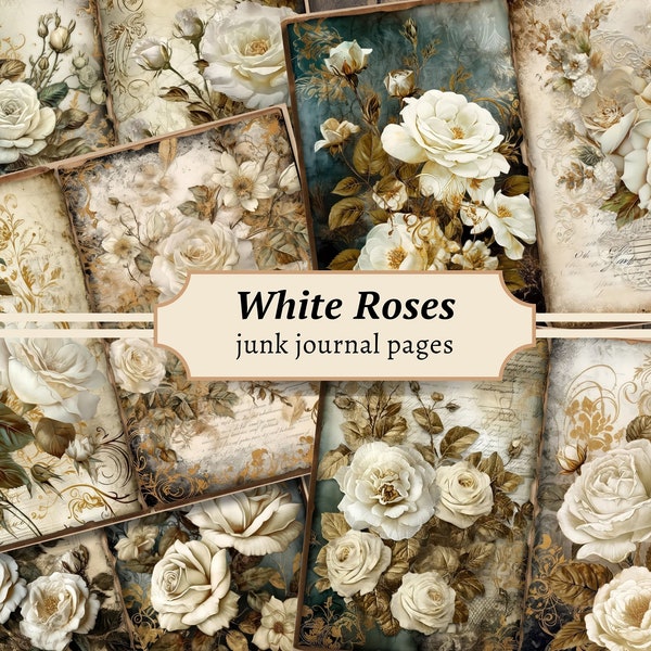 White Roses Junk Journal Pages, Digital Scrapbook Paper Kit, Floral Printable, Gold Green Collage Sheet, Vintage Ephemera, Flower Download