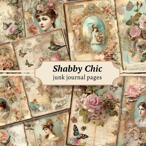 Shabby Chic Junk Journal Seiten, Digitales Scrapbook Papier Kit, Vintage Ephemera, Pastell bedruckbar, viktorianisches Collage Sheet, rosa Blumen Rosen