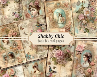 Shabby Chic Junk Journal Pages, Digital Scrapbook Paper Kit, Vintage Ephemera, Pastel Printable, Victorian Collage Sheet, Pink Floral Roses