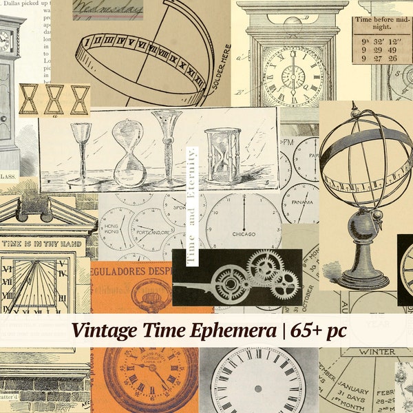 Vintage Time & Clock Ephemera | 65+ pc | printable junk journal supply, digital collage sheet, journaling embellishments, antique scrapbook
