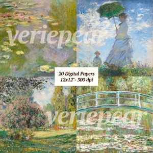 May include: A digital paper pack featuring 20 different images inspired by Claude Monet's paintings. The images include water lilies, a bridge, a woman with an umbrella, and a garden scene. The papers are 12x12 inches and 300 dpi.