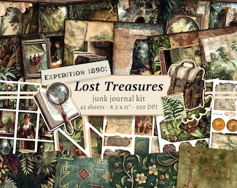 May include: A collection of vintage-style ephemera for junk journaling. The kit includes 42 sheets, featuring maps, illustrations, and botanical elements. The text reads "Lost Treasures" and "EXPEDITION 1890:". The sheets measure 8.5 x 11 inches.