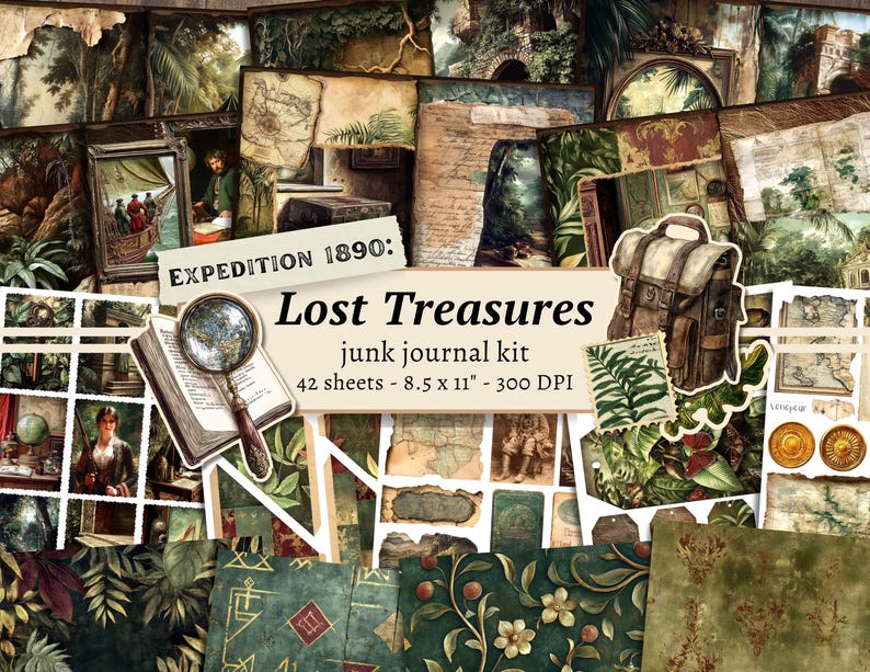 Może przedstawiać: Zestaw do junk journal w stylu vintage z mapami, ilustracjami i elementami botanicznymi. Zestaw zawiera 42 arkusze z tekstem "Lost Treasures" i "EXPEDITION 1890:". Arkusze mają wymiary 21,6 x 27,9 cm.