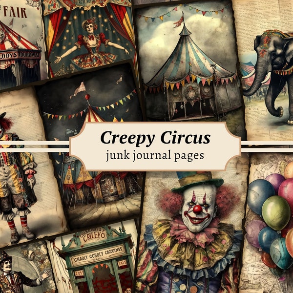Creepy Circus Junk Journal Pages, Digital Scrapbook Paper Kit, Haunted Fair Printable, Vintage Ephemera, Clown Collage Sheet, Scary Carnival