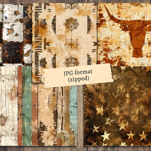 May include: A collection of digital papers with rustic and distressed textures. The designs include a longhorn silhouette, star patterns, and wood grain effects. The color palette features shades of brown, beige, and touches of green and blue, with a vintage aesthetic.