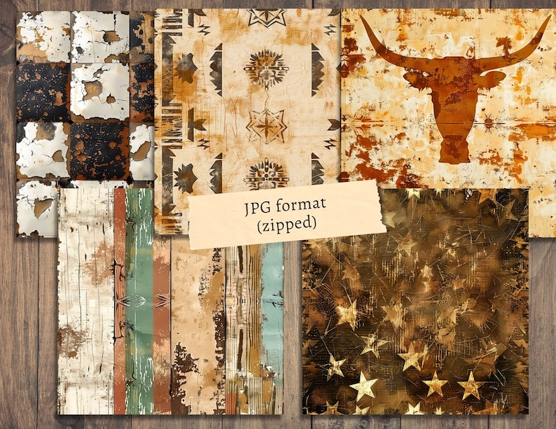 May include: A collection of digital papers with rustic and distressed textures. The designs include a longhorn silhouette, star patterns, and wood grain effects. The color palette features shades of brown, beige, and touches of green and blue, with a vintage aesthetic.