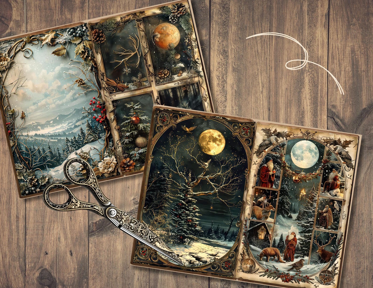 Solstice Collage Winter Solstice Junk Journal Pages, Digital Scrapbook, Yuletide Paper ...