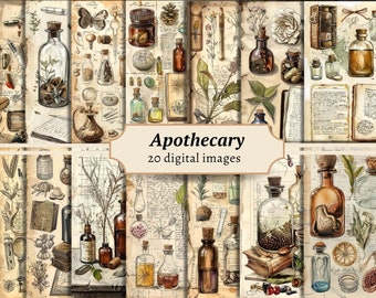 Apothecary Digital Papers, Mystic Potion Junk Journal Pages, Scrapbook Background Kit, Herbal Printable, Botanical Pharmacy Collage Sheet