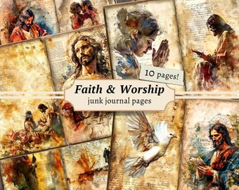 Pagine del diario Faith Junk, kit di album digitale, carta religiosa, diario della Bibbia, stampabile di adorazione, foglio di collage di preghiera, scrittura vintage