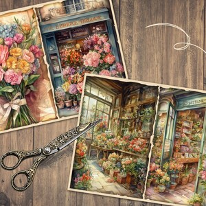 May include: Three vintage postcards featuring floral arrangements and flower shops. The first postcard shows a bouquet of pink, yellow, and blue flowers wrapped in brown paper. The second postcard shows a flower shop with a sign that reads "The Bridge Blouse". The third postcard shows a flower shop with a sign that reads "D'Autant".