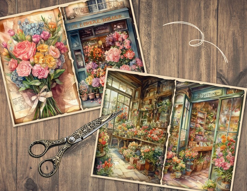 May include: Three vintage postcards featuring floral arrangements and flower shops. The first postcard shows a bouquet of pink, yellow, and blue flowers wrapped in brown paper. The second postcard shows a flower shop with a sign that reads "The Bridge Blouse". The third postcard shows a flower shop with a sign that reads "D'Autant".