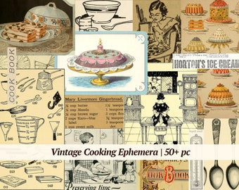 Vintage Cooking Ephemera | 50+ pc | old cookbook printable, digital junk journal paper, retro food images, baking scrapbook, collage sheet