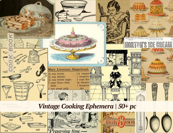 Vintage Cooking Ephemera | 50+ pc | old cookbook printable, digital junk journal paper, retro food images, baking scrapbook, collage sheet