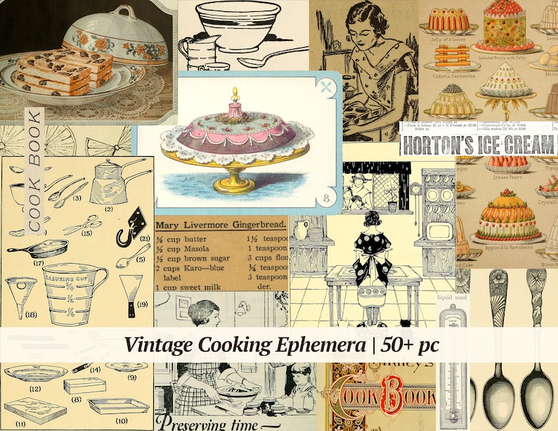 May include: A vintage collage of images related to cooking and baking. The collage includes illustrations of kitchen tools, recipes, and food, such as a gingerbread recipe, a measuring cup, and a cake with candles. The text "Vintage Cooking Ephemera | 50+ pc" is at the bottom of the collage.