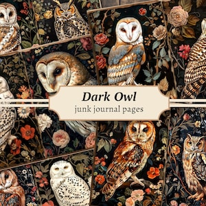 Dark Owl Junk Journal Pages, Zestaw papieru do scrapbookingu cyfrowego, Sowa do druku, Arkusz kolażu kwiatowego, Karta Mystic Flower, Ephemera vintage, Sowa ATC