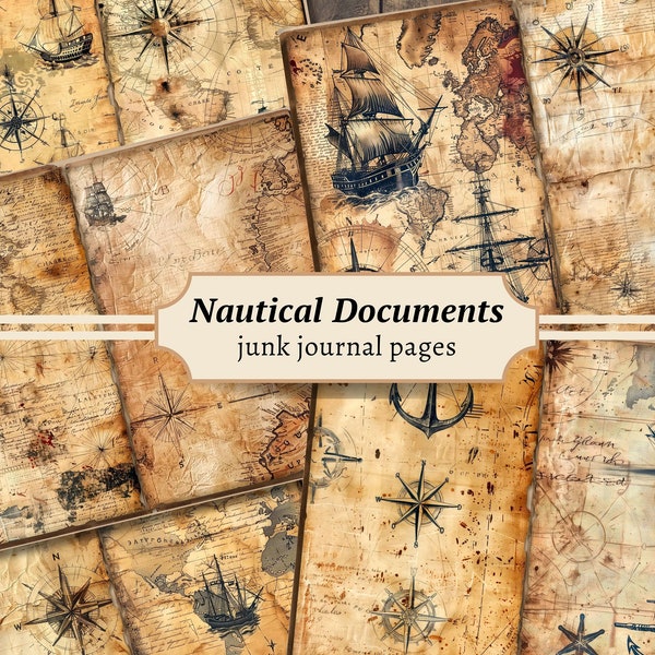 Nautical Documents Junk Journal Pages, Digital Scrapbook Paper Kit, Printable Collage Sheet, Vintage Ephemera, Antique Maps, Ships Download