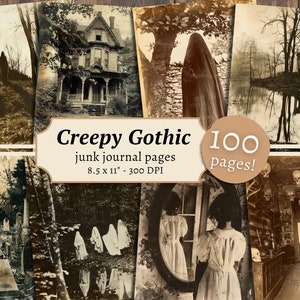 Pagine di diario spazzatura gotico raccapricciante, kit di carta per album digitale, stampabile spettrale scuro, Halloween vintage, sfondi horror, foglio di collage