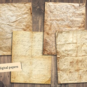 May include: Set of five vintage digital papers with a distressed, aged look. The papers feature handwritten text and are perfect for scrapbooking, card making, and other crafting projects.