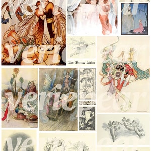Puede incluir: Una colecci&oacute;n de ilustraciones vintage con hadas, mariposas y otras criaturas caprichosas. Las ilustraciones est&aacute;n en blanco y negro y tonos sepia, y est&aacute;n impresas sobre un fondo blanco. El texto "The Breton fairies" es visible en el centro de la imagen.