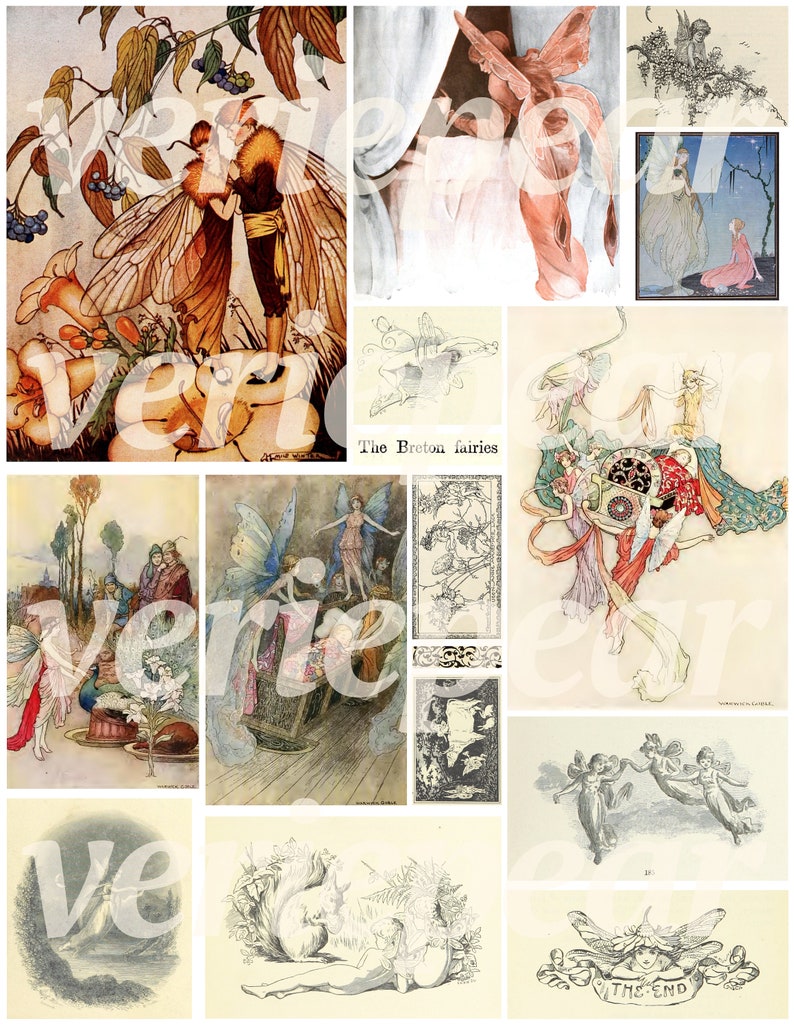 Puede incluir: Una colecci&oacute;n de ilustraciones vintage con hadas, mariposas y otras criaturas caprichosas. Las ilustraciones est&aacute;n en blanco y negro y tonos sepia, y est&aacute;n impresas sobre un fondo blanco. El texto "The Breton fairies" es visible en el centro de la imagen.