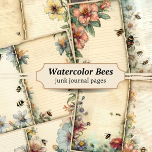 Watercolor Bee Junk Journal Pages, Digital Lined Paper, Vintage Scrapbook Kit, Floral Collage Sheet, Honey Bee Printable, Flower Download
